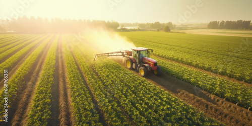 spraying pesticide with tractor at agriculture field.