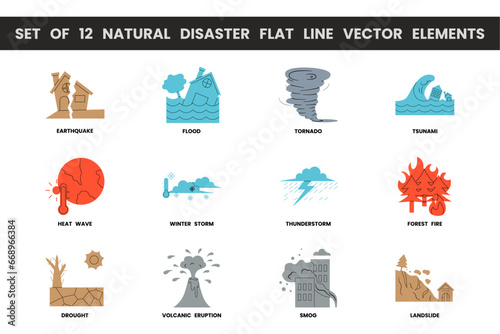 Set of 12 natural disaster flat line vector elements. Vector illustrations with natural disaster theme and flat line vector style. Editable vector.