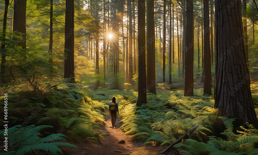 Obraz premium A serene moment in the forest as a hiker takes in the beauty of a sun-dappled clearing. Connecting with nature and finding solace in the woods. ai generated