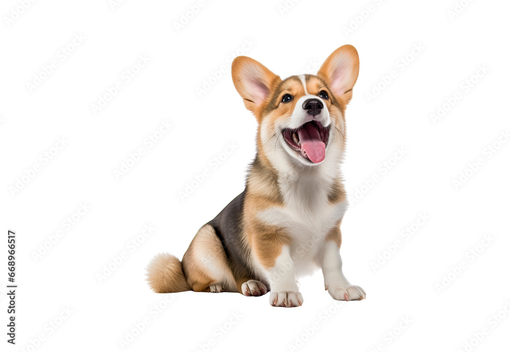 happy Puppy Welsh Corgi 14 Weeks old, dog winking, panting and sitting isolated on white happy Puppy Welsh Corgi 14 Weeks old, dog winking, panting and sitting isolated on white