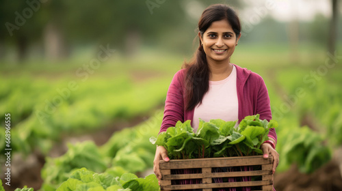 Young woman holding full of beetroot box at agriculture field.
