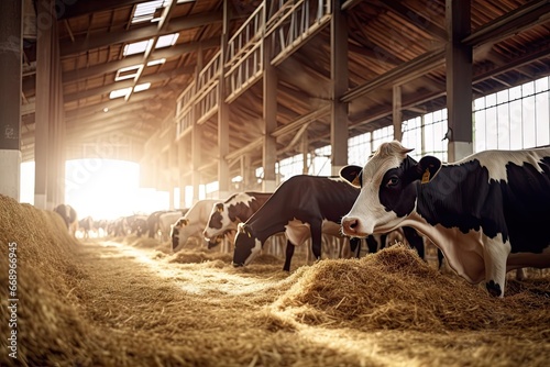 Modern dairy farming. Cattle herd in rustic barn setting. Livestock husbandry. Domestic cattle grazing in rural pasture. Countryside ranch life. Holstein cows in modern photo