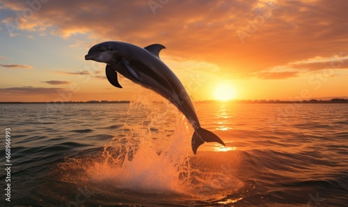 Photo of a majestic dolphin leaping out of the water against a breathtaking sunset backdrop