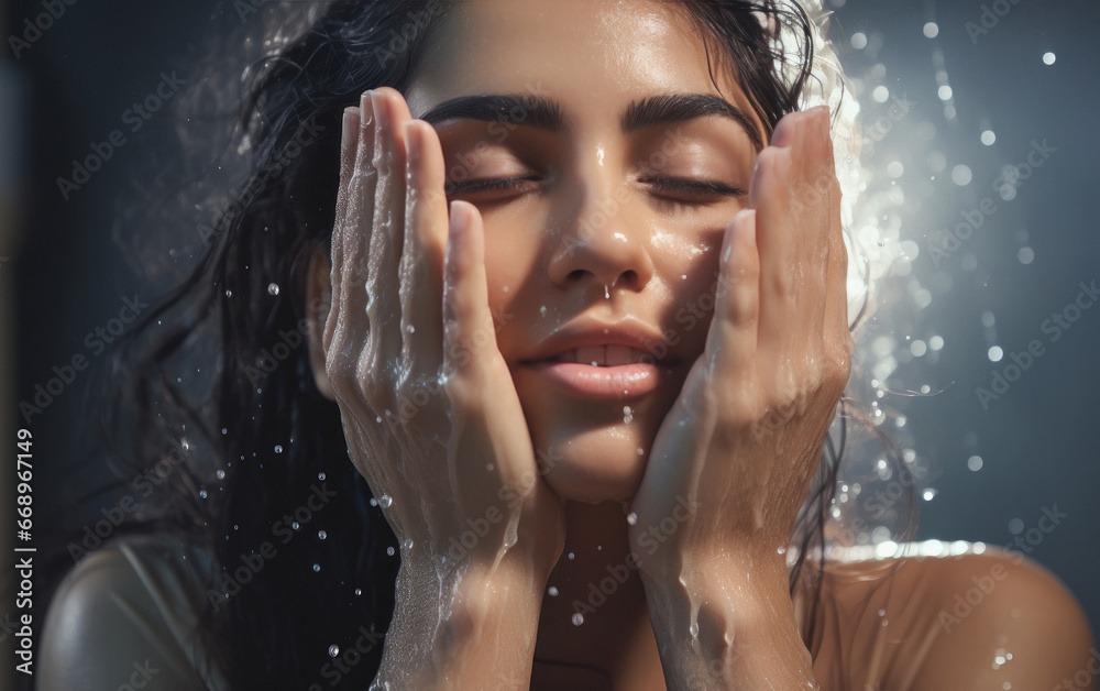 Young indian woman washing her face
