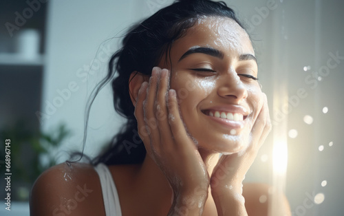 Young indian woman washing her face