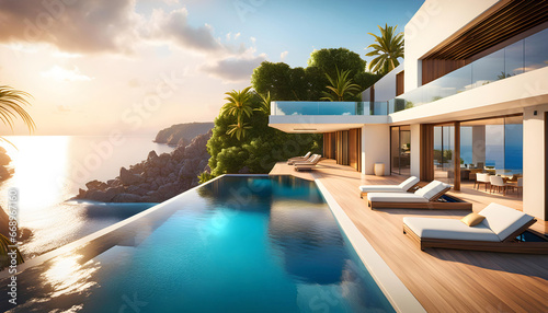 luxury modern designer villa with pool, ocean view, photorealistic travel poster, © Perecciv