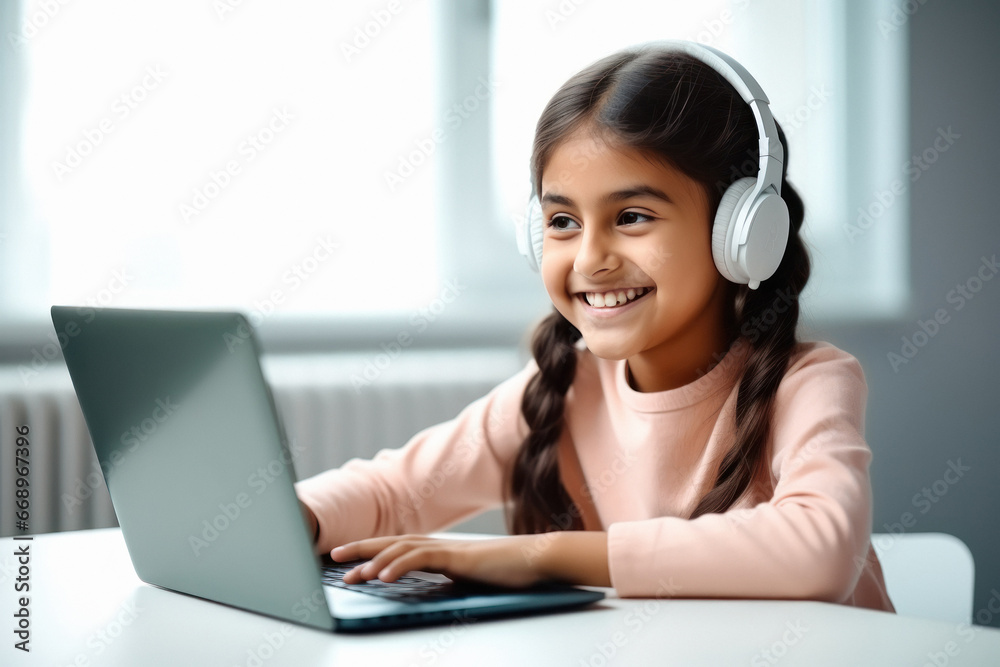 Cute little girl student using laptop and headphone accessories. Cute little girl student using laptop and headphone accessories.