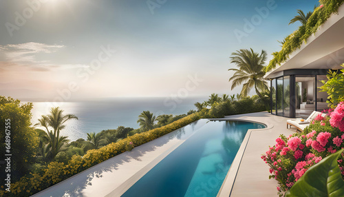 luxury modern designer villa with pool, ocean view, photorealistic travel poster,