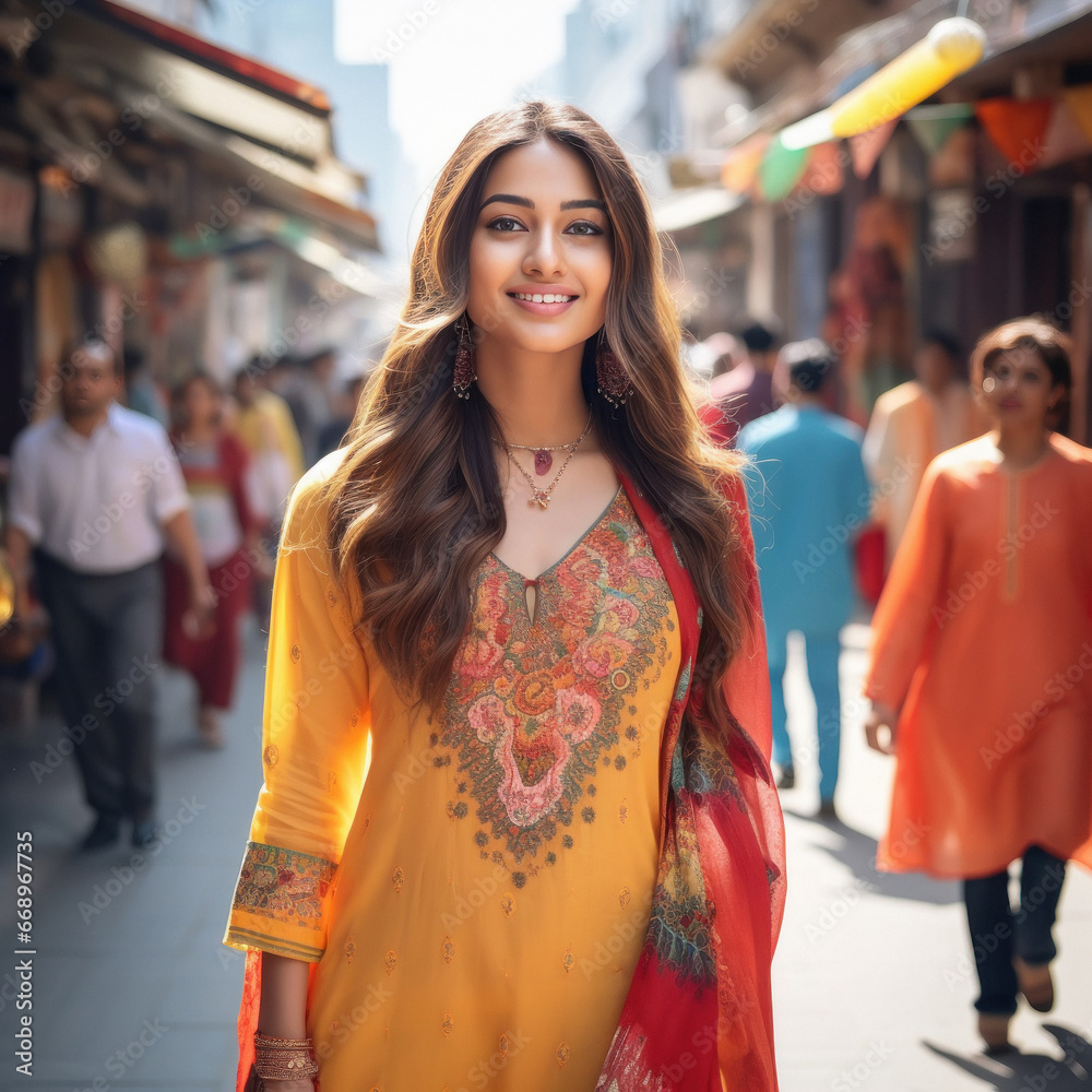 Young indian woman walking on city street,smiling