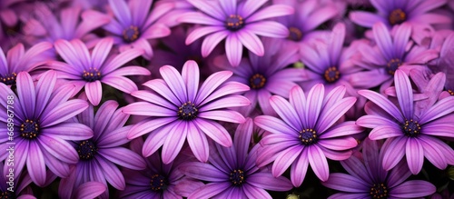 Purple African daisies bloom at a botanical garden