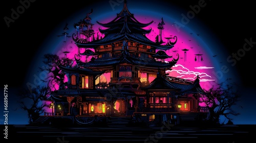 nature and traditional culture of indonesian house at night neon illustration