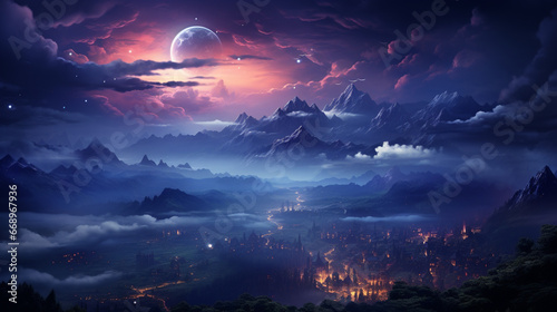 Milky Way above mountains in fog at night in autumn. Landscape with purple starry sky. generative ai