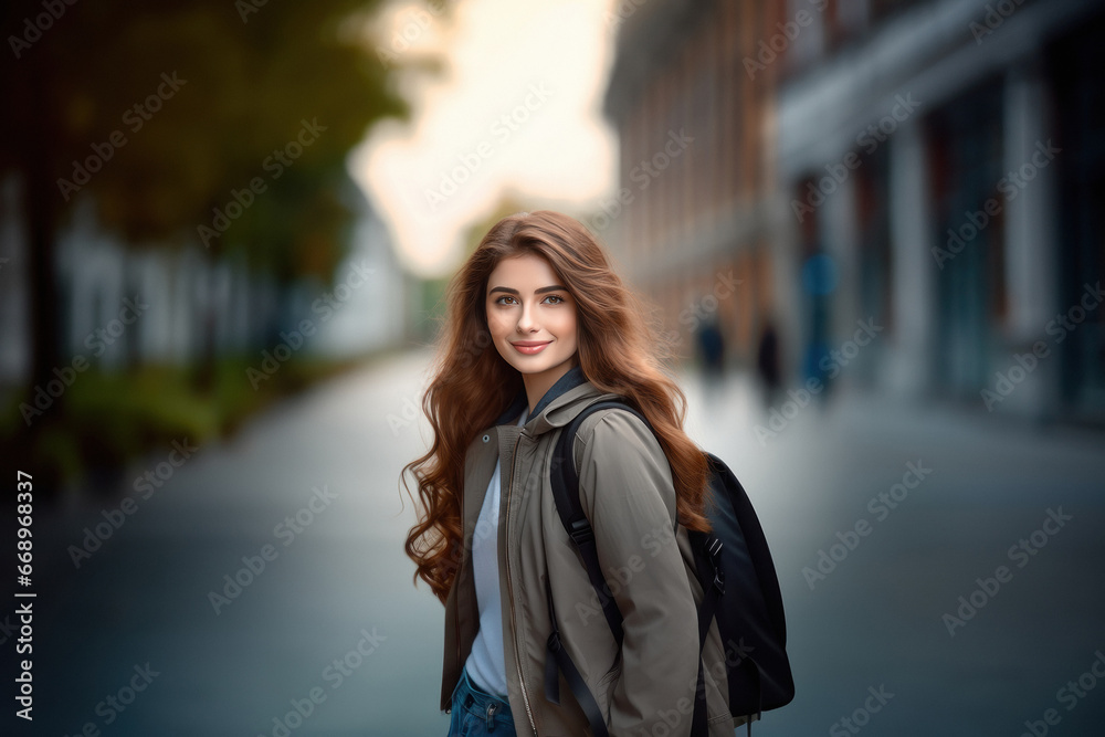 young woman holding backpack and looking. young woman holding backpack and looking.