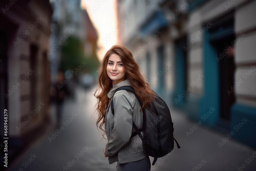 young woman holding backpack and looking.