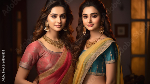 Two indian woman in traditional saree standing together
