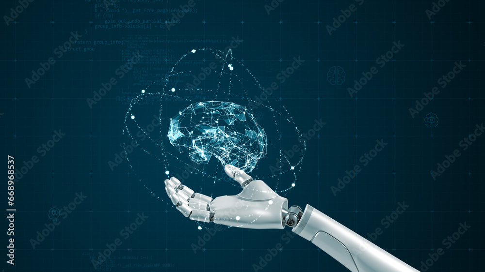 AI robot arm and Blue digital brain with particle ring circle orbit rotation on futuristic abstract background AI artificial intelligence technology and machine learning concepts - obrazy, fototapety, plakaty 