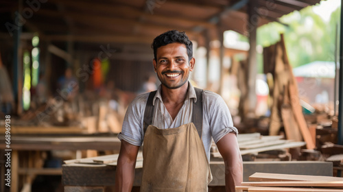Foto Young indian carpenter smiling at his workplace