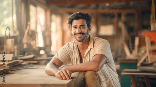 Young indian carpenter smiling at his workplace