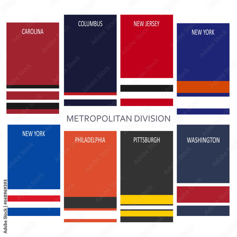 Metropolitan division ice hockey teams uniform colors. Template for presentation or infographics.