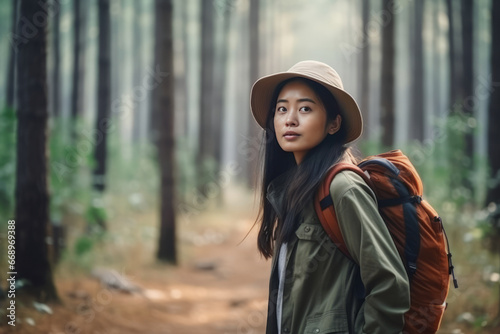 Young Asian backpacker explores forest alone.