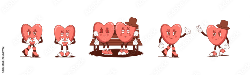 Set of stickers Groovy lovely cartoon face characters Heart. Retro Happy Valentines Day. Trendy retro 60s 70s style. Red, pink colors. Vector