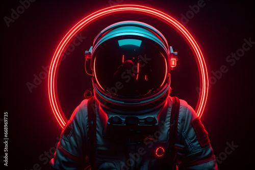 Spaceman or astronaut with circular ring shaped neon light. AI generative