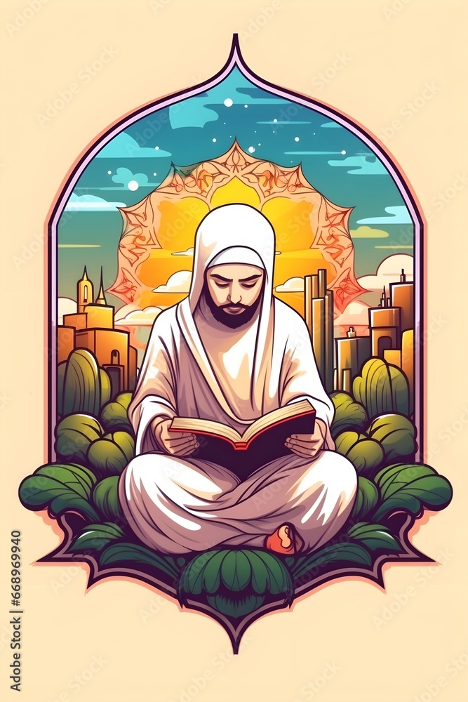 islamic people reading quran illustration poster islamic people reading quran illustration poster