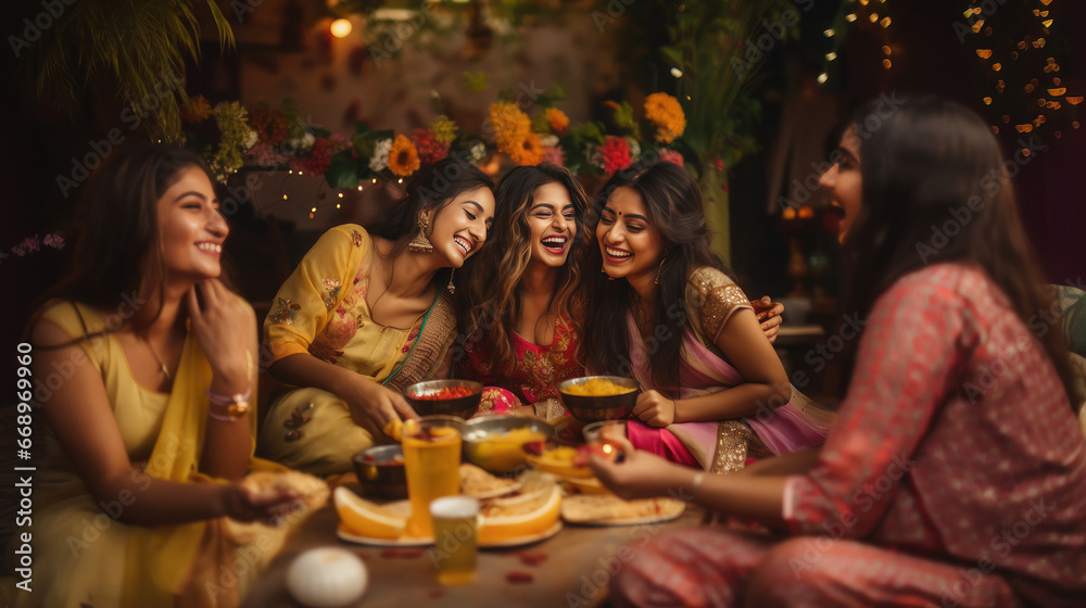 Group of Indian women having fun - obrazy, fototapety, plakaty 
