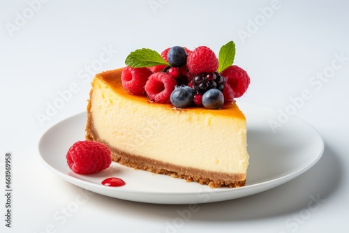 Photo of a classic New York style cheesecake on a pristine white backdrop. Generative AI