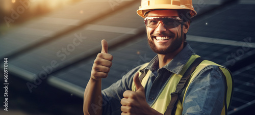 A happy worker is giving thumbs up for using solar panels and smiling at the camera. photo