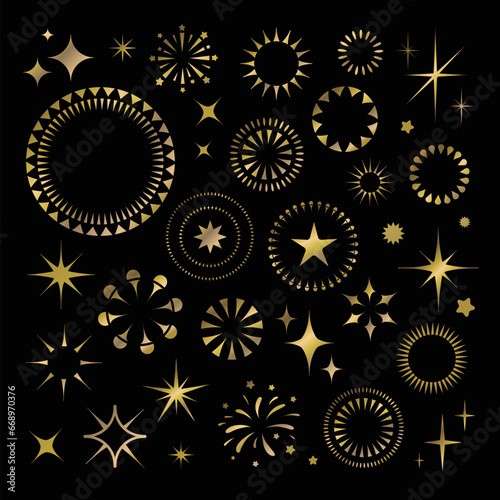 Starburst icon set. Gold sunbursts. Star shine glow, light explosion effects, shiny flash, bursting rays on black background.