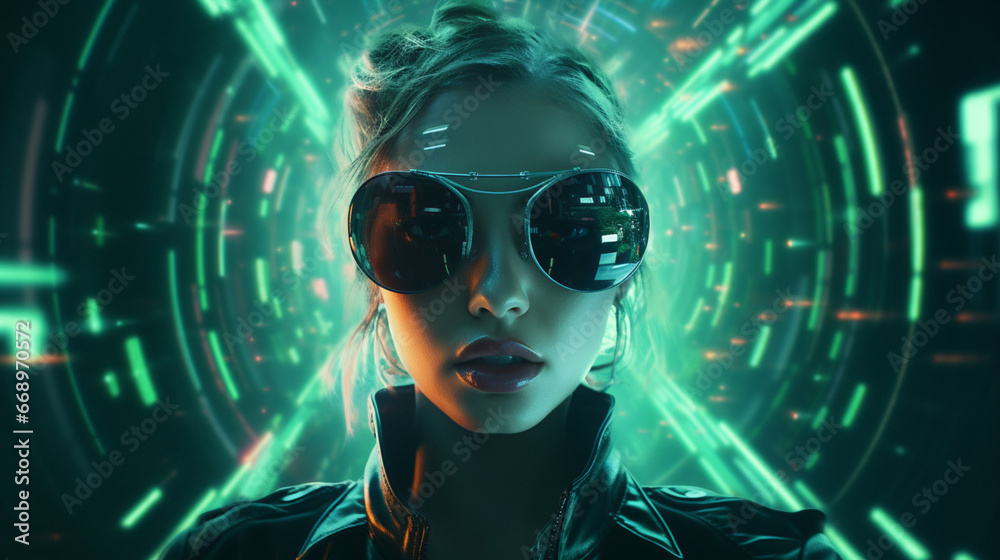Girl character. Realistic portrait face woman technology background with Generative Ai.