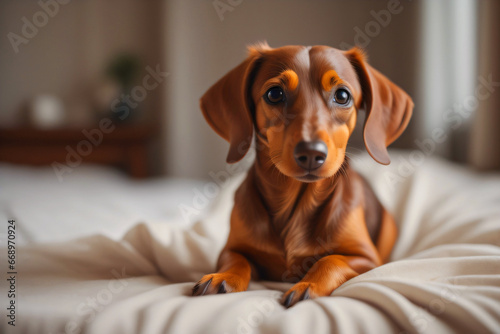 Small brown small breed dog on a bed with a gray quilt 