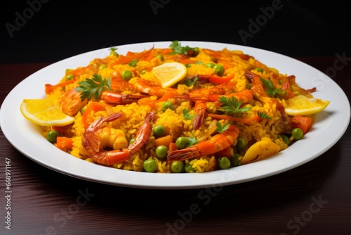 Photo of a plate of Spanish paella with saffron on a pure white sheet. Generative AI