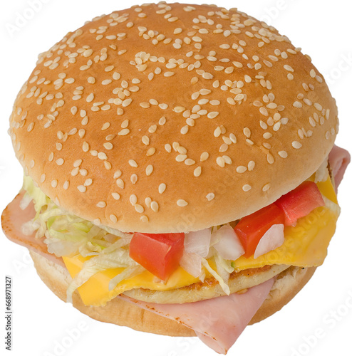 Isolated hamburger with meat and vegetables