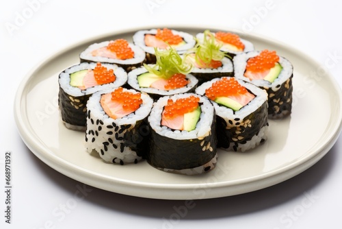 Photo of a plate of sushi rolls with pickled ginger on a pure white table. Generative AI