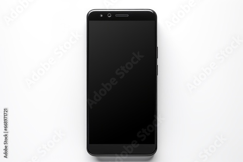 Photo of a sleek black smartphone on a spotless white background. Generative AI