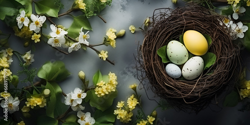 Easter eggs in nest , Springtime Surprise: Eggs in a Nest", "Easter Egg Hunt in a Nest"