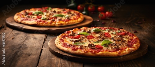 Rustic background with two pizzas