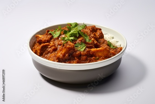 Photo of a traditional Indian curry dish on a crisp white backdrop. Generative AI