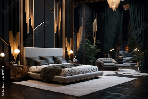 Luxury art deco Hollywood regency-styled bedroom interior.  Black walls, gold. photo