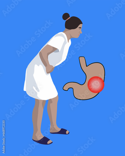 Vector isolated illustration of woman with stomach ache. The girl is holding her stomach. Stomach diseases.