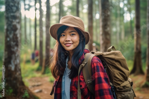 Young Asian backpacker explores forest alone.
