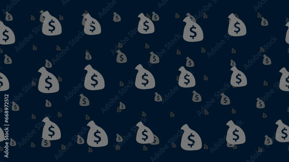 Bag of money symbols float horizontally from left to right. Parallax fly effect. Floating symbols are located randomly. Seamless looped 4k animation on dark blue background