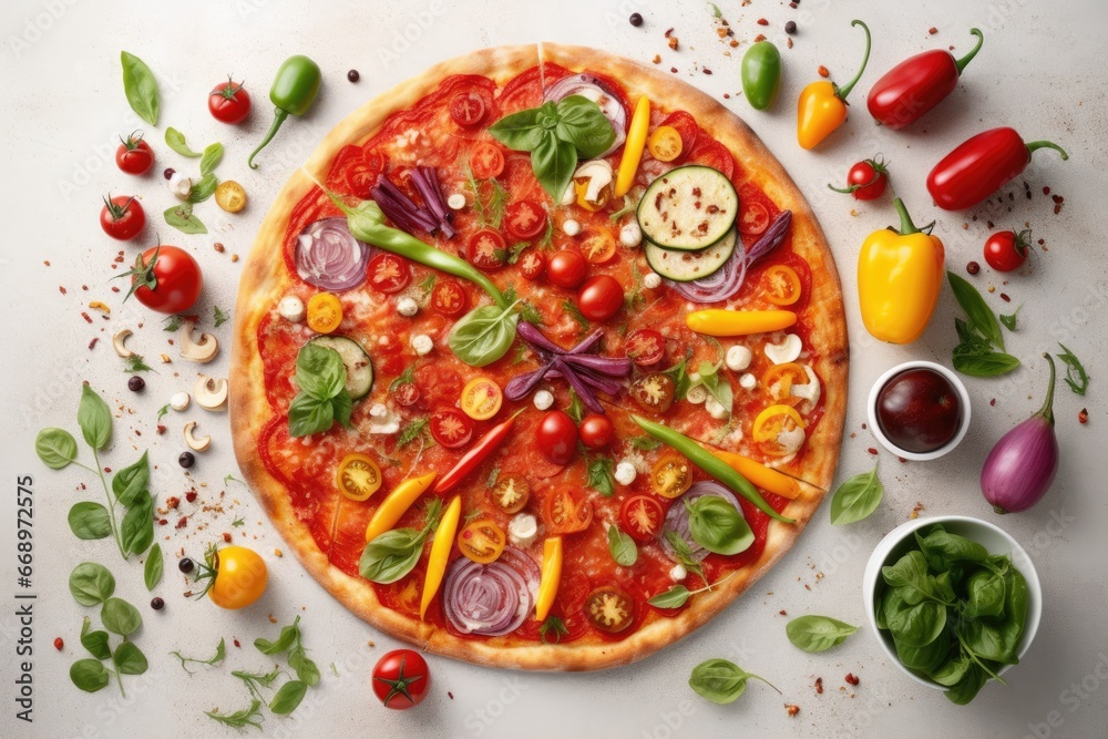 Mouthwatering gourmet pizza capturing the essence of Mediterranean cuisine with ripe tomatoes and basil. Veggie pizza. Mouthwatering gourmet pizza capturing the essence of Mediterranean cuisine with ripe tomatoes and basil. Veggie pizza.