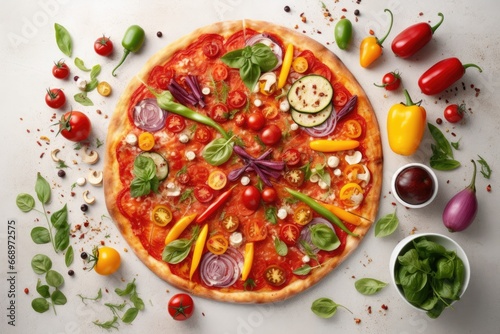 Mouthwatering gourmet pizza capturing the essence of Mediterranean cuisine with ripe tomatoes and basil. Veggie pizza.