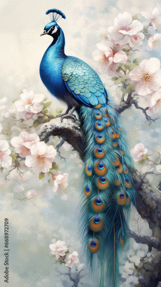 Obraz premium Watercolor Painting of Peacock on Flower.generative ai