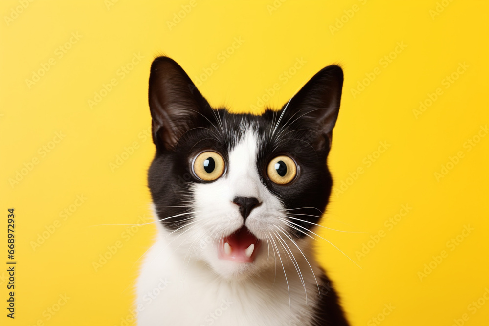 Cute cat looking surprised on yellow background, closeup, copy space Cute cat looking surprised on yellow background, closeup, copy space