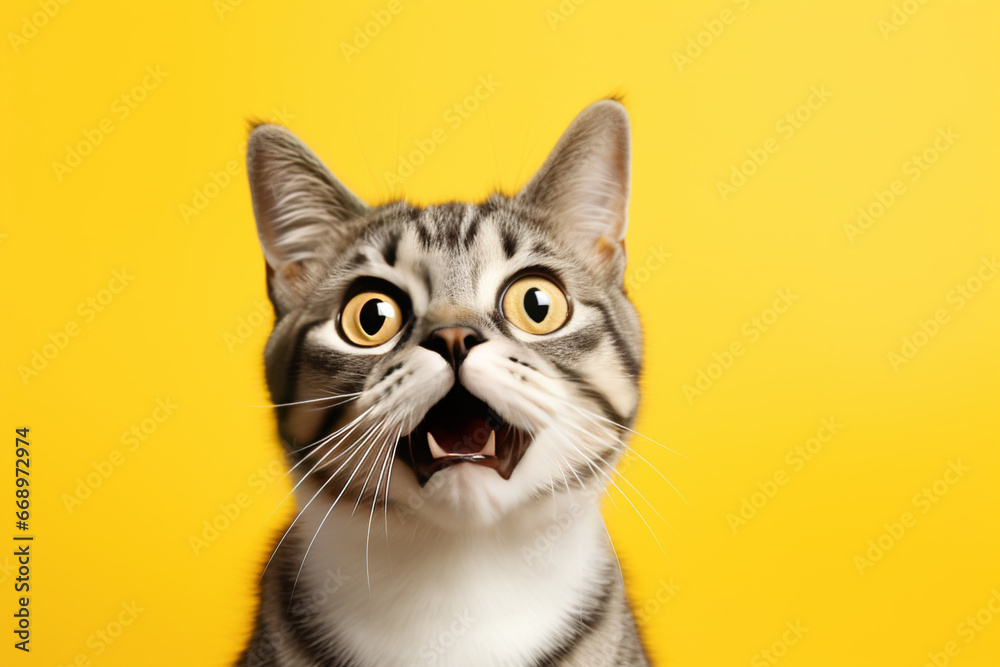 Cute cat looking surprised on yellow background, closeup, copy space
