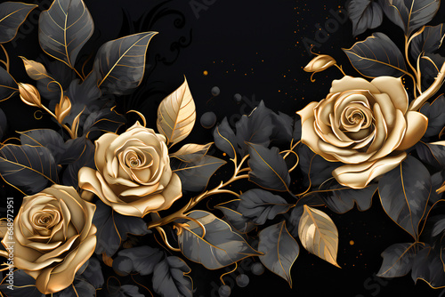 Metallic black and gold stylized roses and leaves composition